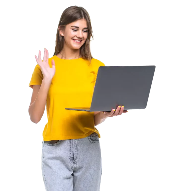 Friendly IPTV customer support assistant waving with laptop