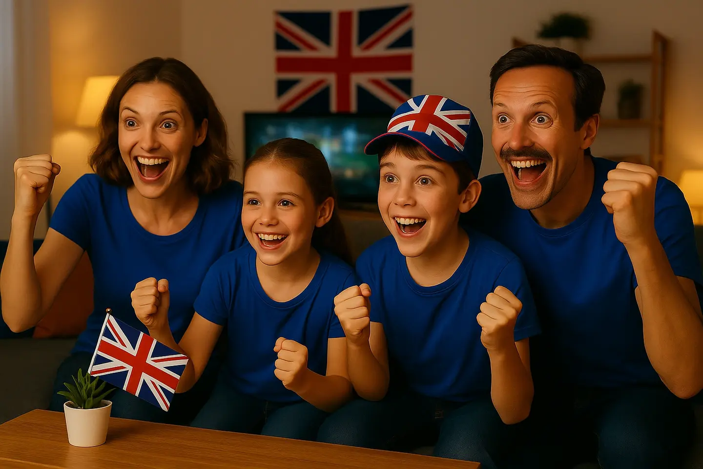 Excited British family watching IPTV content at home via IPTVISA services