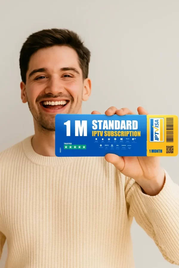 Happy customer holding 1-month IPTV subscription card from iPTVisa – Trusted UK IPTV service compatible with all devices