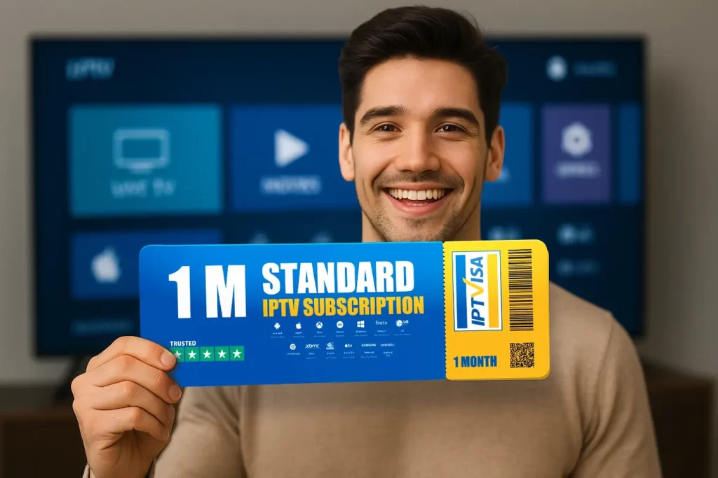 Happy man holding IPTV Subscription 1 Month ticket from iPTVisa with IPTV Smarters Pro interface on Smart TV in background