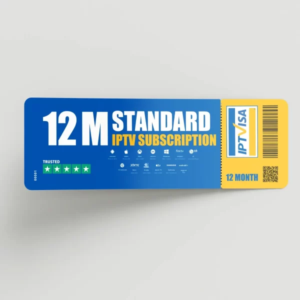 IPTV Subscription 12 Months standard ticket from IPTVisa, compatible with IPTV Smarters Pro and ideal for British IPTV and IPTV UK users.