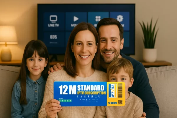 UK family holding a 12-month IPTV subscription card from IPTVisa, compatible with IPTV Smarters Pro and ideal for British IPTV and IPTV UK users.