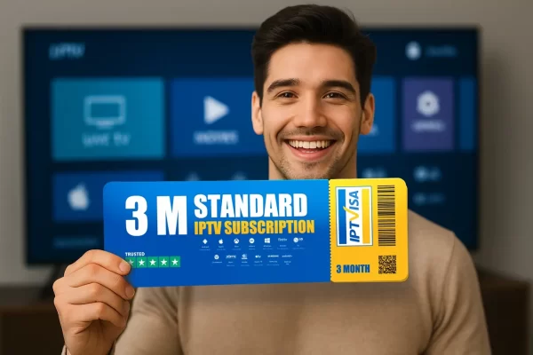 Happy man holding a 3-month IPTV subscription card from IPTVisa with IPTV Smarters Pro support and British IPTV setup in the background