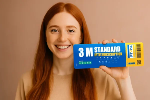 Smiling woman holding a 3-month IPTV subscription card from IPTVisa, supporting IPTV Smarters Pro and British IPTV services