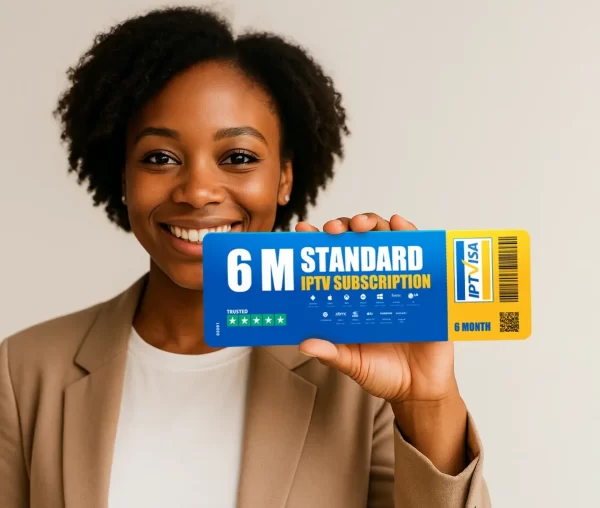 Smiling Afro-British woman holding a 6-month IPTV subscription card from IPTVisa, compatible with IPTV Smarters Pro and ideal for British IPTV and IPTV UK users.