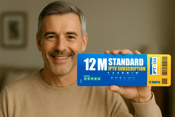 Smiling middle-aged father holding a 6-month IPTV subscription card from IPTVisa, compatible with IPTV Smarters Pro and perfect for British IPTV and IPTV UK users.
