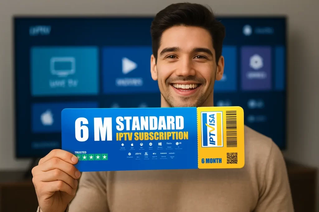 Happy man holding a 6-month IPTV subscription card from IPTVisa with IPTV Smarters Pro interface in the background, perfect for British IPTV and IPTV UK users.