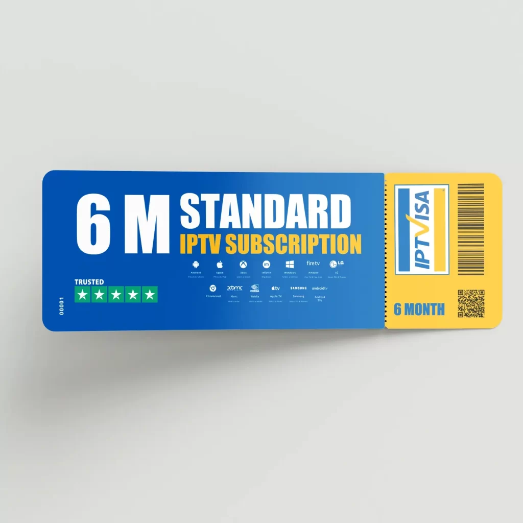 6-month standard IPTV subscription ticket from IPTVisa, compatible with IPTV Smarters Pro and perfect for British IPTV and IPTV UK users.