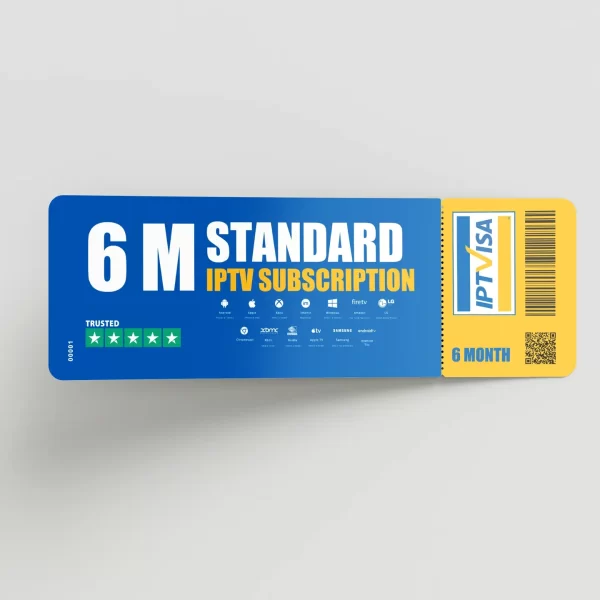 6-month standard IPTV subscription ticket from IPTVisa, compatible with IPTV Smarters Pro and perfect for British IPTV and IPTV UK users.