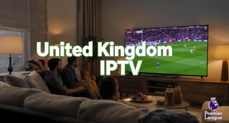 United Kingdom IPTV service - British family watching Premier League football match on smart TV in modern living room