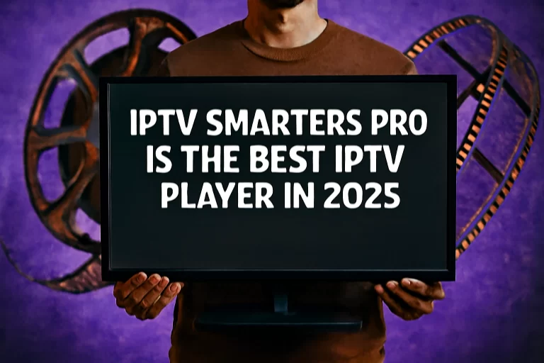 Image showcasing IPTV Smarters Pro as the top IPTV player for 2025, with a person holding a flat-screen TV featuring the title "IPTV Smarters Pro is the Best IPTV Player in 2025." iptv smarters pro subscription, iptv smarters, iptv smarters pro, Smarters Player Pro,