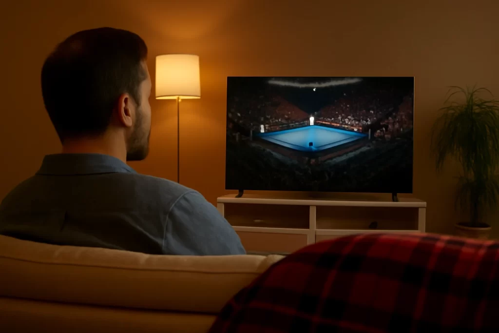 : Man seated on a beige sofa, watching a boxing match on TV in a cozy living room with soft