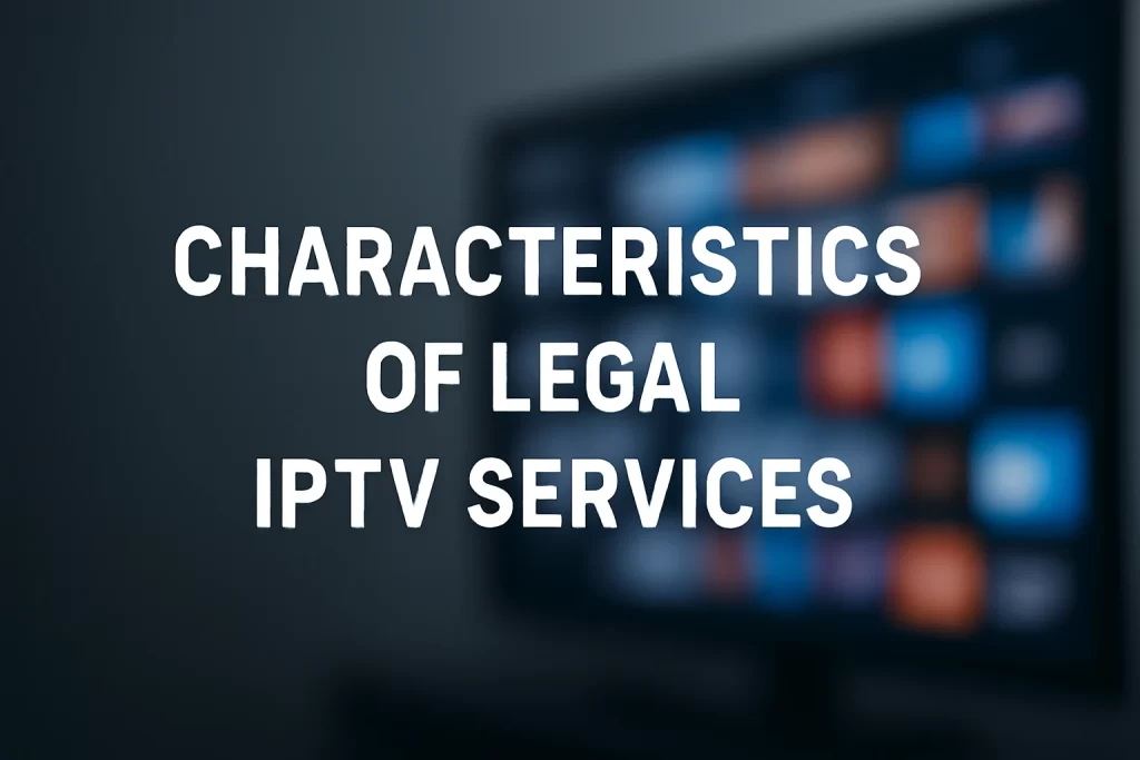 Characteristics of Legal IPTV Services with a blurred TV screen background, focusing on IPTV services in the UK