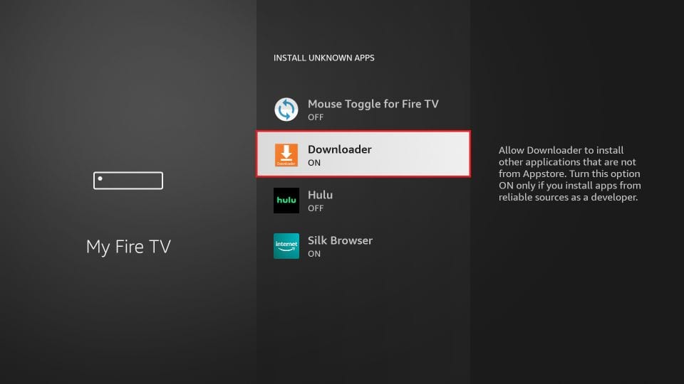 FireStick settings screen showing the option to enable Downloader for installing unknown apps