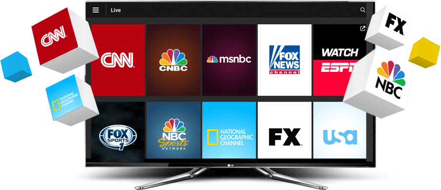TV screen showing popular IPTV channels logos including CNN, CNBC, MSNBC, Fox News, ESPN, National Geographic, NBC Sports, FX, USA Network, and Fox Sports.