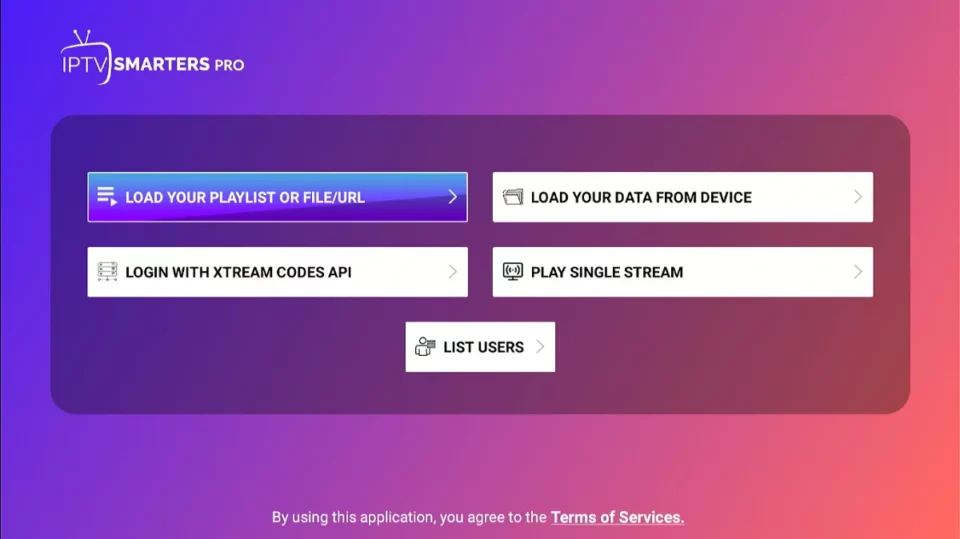 IPTV Smarters Pro home screen on FireStick with options to load playlists, log in with Xtream Codes API, and play single stream.