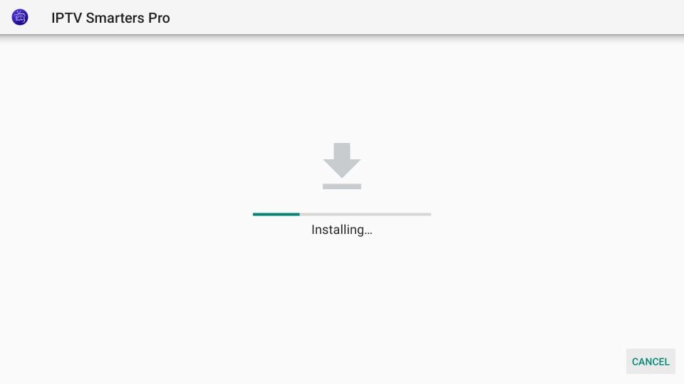 IPTV Smarters Pro app installation in progress on FireStick, showing the installation status bar