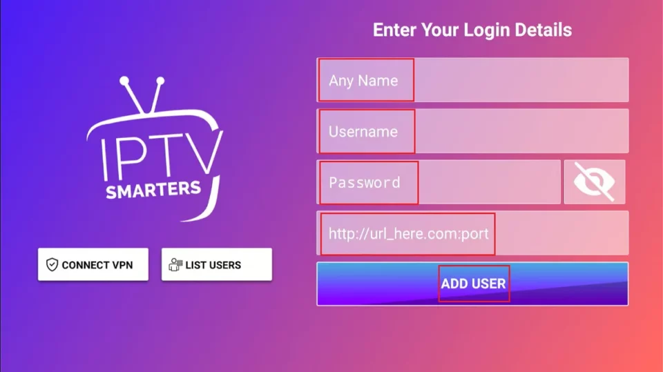 IPTV Smarters Pro login screen on FireStick, showing fields to enter name, username, password, and URL, along with the "Add User" button.