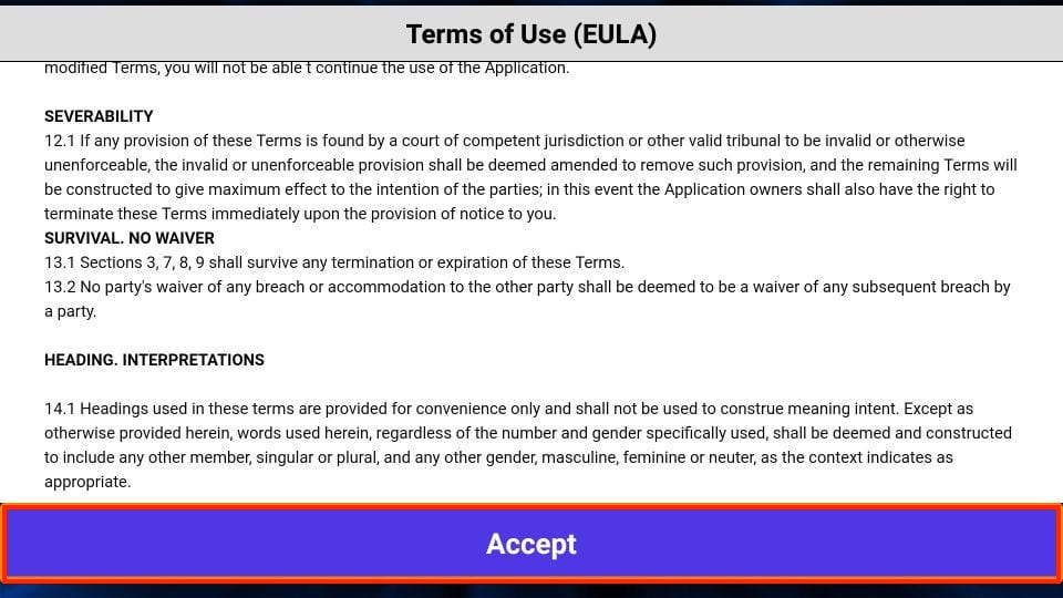 IPTV Smarters app Terms of Use (EULA) screen on FireStick with the "Accept" button highlighted.