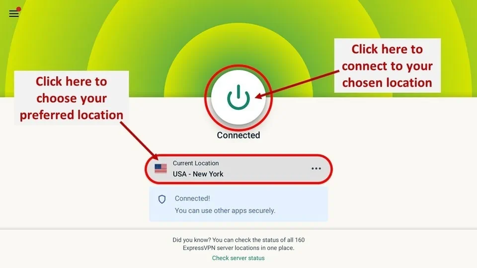 ExpressVPN app showing the option to select a preferred location and connect to the chosen server on FireStick.