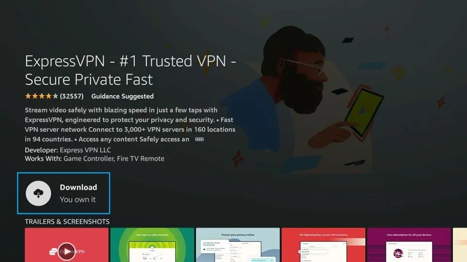 ExpressVPN download page on FireStick showing the app description, download option, and features for streaming and privacy.