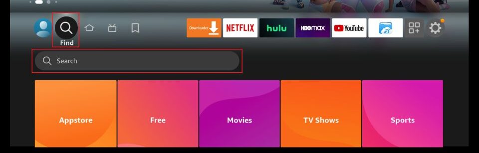Amazon Fire TV home screen showcasing the search bar, app icons, and a promotional banner.