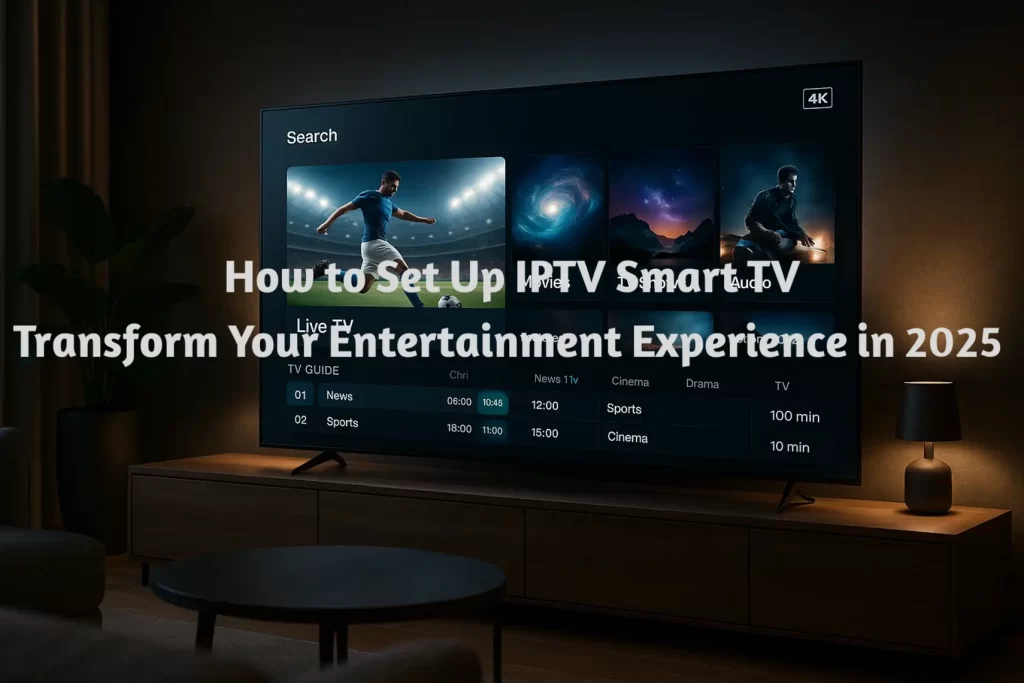 IPTV smart TV setup guide showing modern television with streaming interface displaying sports and entertainment channels in 4K quality living room 2025