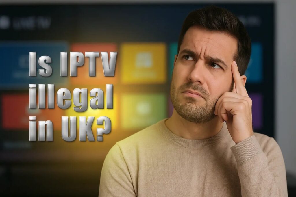 A man pondering if IPTV is illegal in the UK, with a TV displaying IPTV services in the background. Is IPTV Illegal in UK