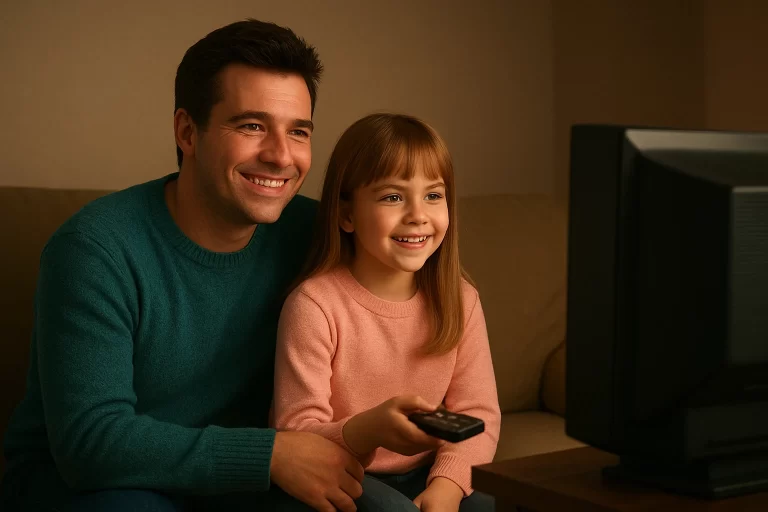 Father and daughter watching TV together at home with the best IPTV box setup, highlighting modern android IPTV boxes.