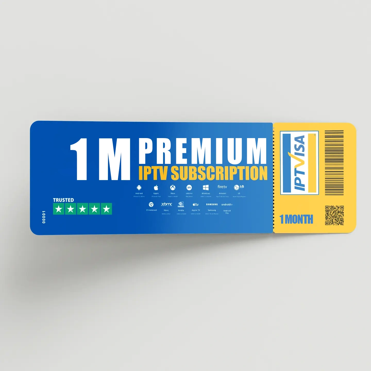 IPTVVisa 1-Month IPTV Subscription ticket design featuring IPTV Smarters Pro compatibility, British IPTV, and trusted streaming platforms