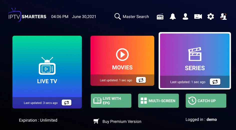 IPTV Smarters Pro dashboard screenshot