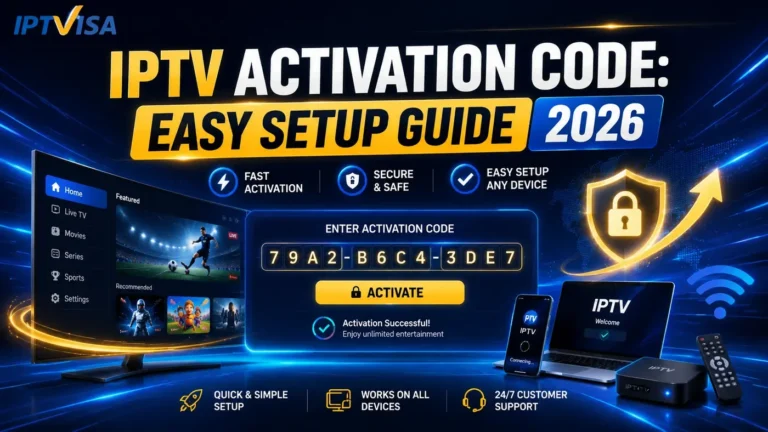 IPTV Activation Code Easy Setup Guide 2026 with secure setup panel, activation code interface, devices, and IPTVISA blue and yellow branding.