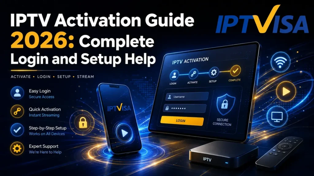 IPTV Activation Guide 2026 with login, activation and setup help interface in IPTVISA blue and yellow colors