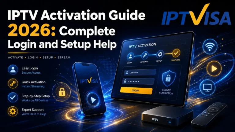 IPTV Activation Guide 2026 with login, activation and setup help interface in IPTVISA blue and yellow colors