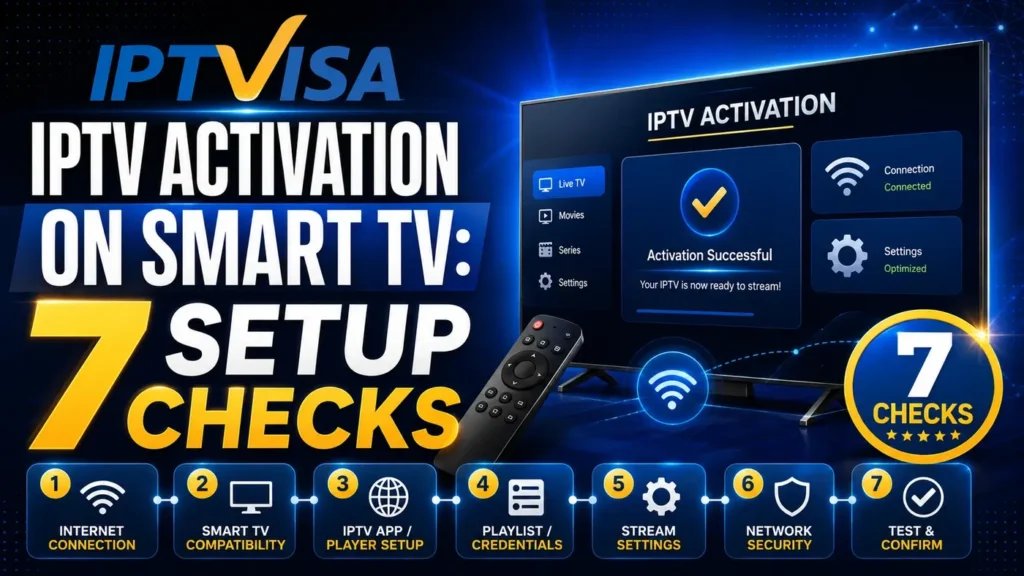 IPTV Activation on Smart TV setup checks with smart TV, connection icons, activation screen, and IPTVISA blue yellow branding