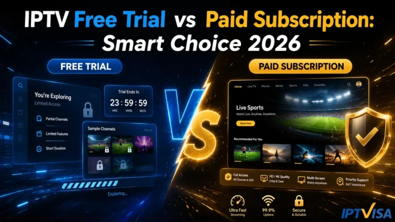 IPTV Free Trial vs Paid Subscription Smart Choice 2026 comparison with blue free trial side and gold paid subscription side.