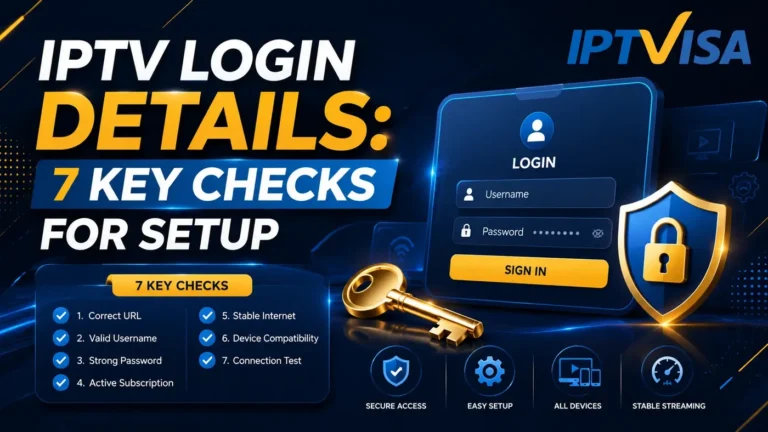 IPTV Login Details guide with 7 key checks for setup, showing secure login, username, password, connection, device compatibility, and IPTVISA branding.