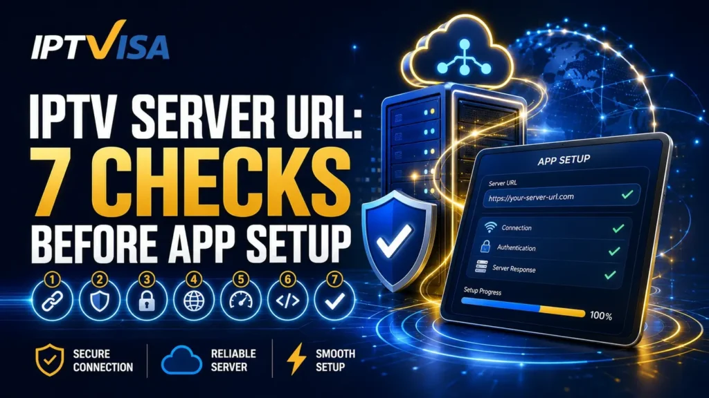 IPTV Server URL 7 Checks Before App Setup with secure server, app setup screen, connection checks, and IPTVISA branding