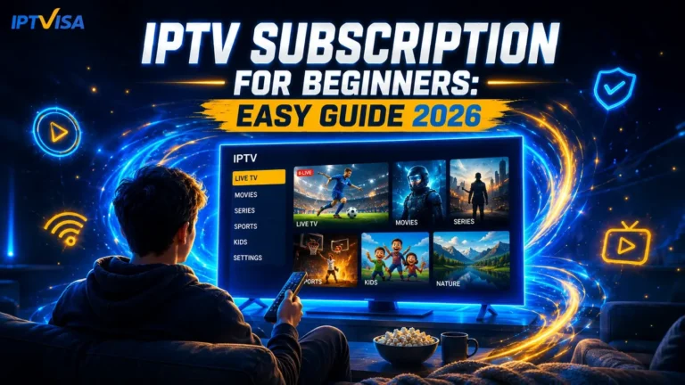 IPTV subscription for beginners easy guide 2026 with a young viewer watching a smart TV interface in a futuristic blue and yellow streaming setup.