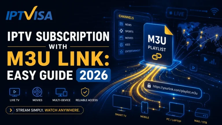 IPTV Subscription with M3U Link Easy Guide 2026 by IPTVISA showing M3U playlist setup on smart TV, mobile and laptop