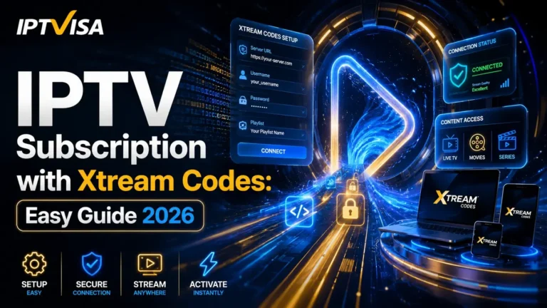IPTV Subscription with Xtream Codes Easy Guide 2026 with IPTVISA setup portal and secure streaming interface