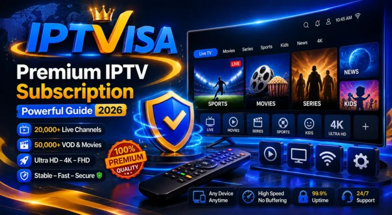 Premium IPTV Subscription Powerful Guide 2026 with secure streaming interface, live TV, movies, sports, 4K quality and multi-device support