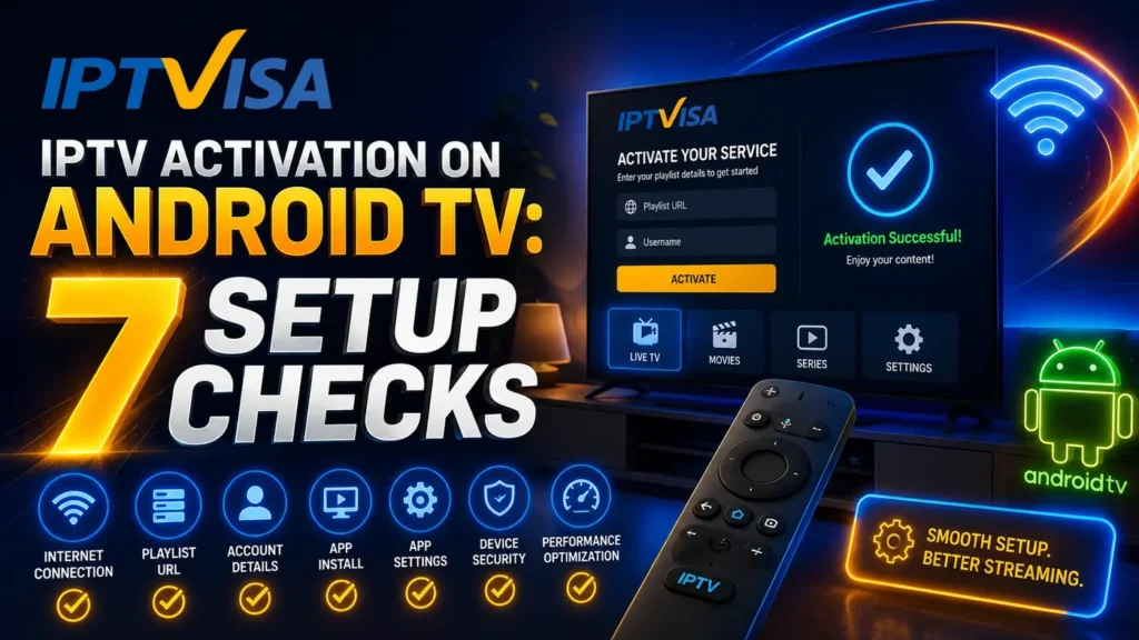 IPTV Activation on Android TV setup checks with IPTVISA logo, smart TV activation screen, WiFi, app settings, playlist URL, account details, and Android TV remote.