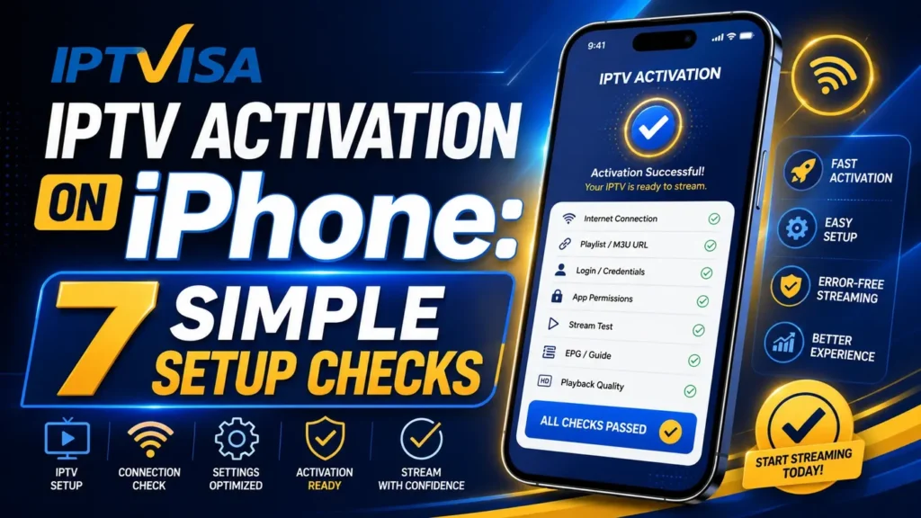 IPTV Activation on iPhone with 7 simple setup checks, showing IPTVISA logo, iPhone setup screen, checklist icons, connection, login, EPG and playback checks.