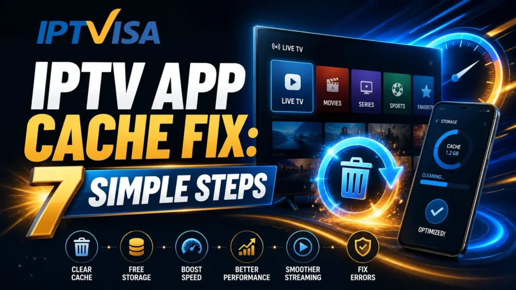 IPTV App Cache Fix showing 7 simple steps to clear cache, free storage, improve app speed, and achieve smoother streaming