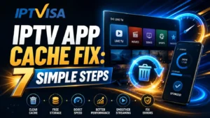 IPTV App Cache Fix showing 7 simple steps to clear cache, free storage, improve app speed, and achieve smoother streaming