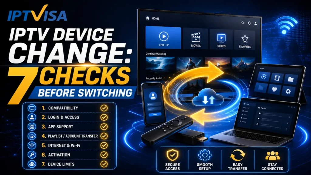 IPTV Device Change guide showing 7 checks before switching devices with smart TV, phone, tablet, laptop, WiFi, activation and access transfer visuals.