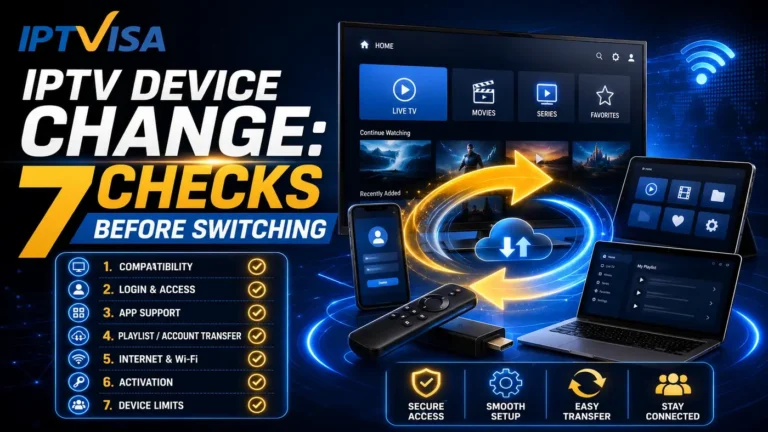 IPTV Device Change guide showing 7 checks before switching devices with smart TV, phone, tablet, laptop, WiFi, activation and access transfer visuals.