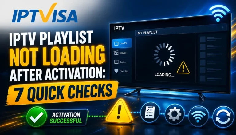 IPTV Playlist Not Loading After Activation with 7 quick checks, loading screen, warning icon, activation success, WiFi and settings symbols